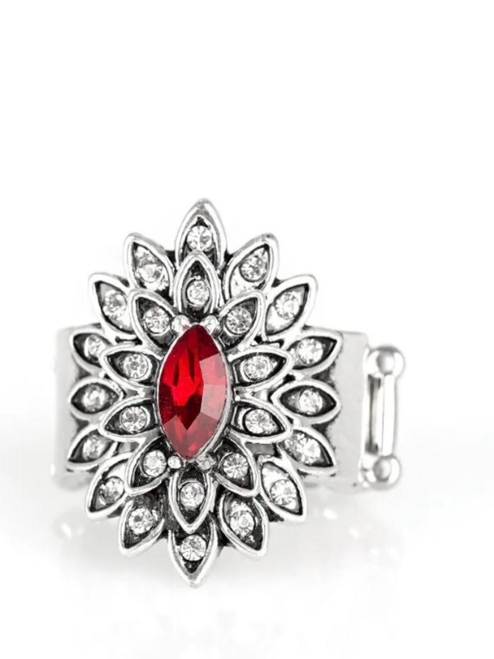 paparazzi Silver-Tone Floral Ring with Ruby Marquise Crystal